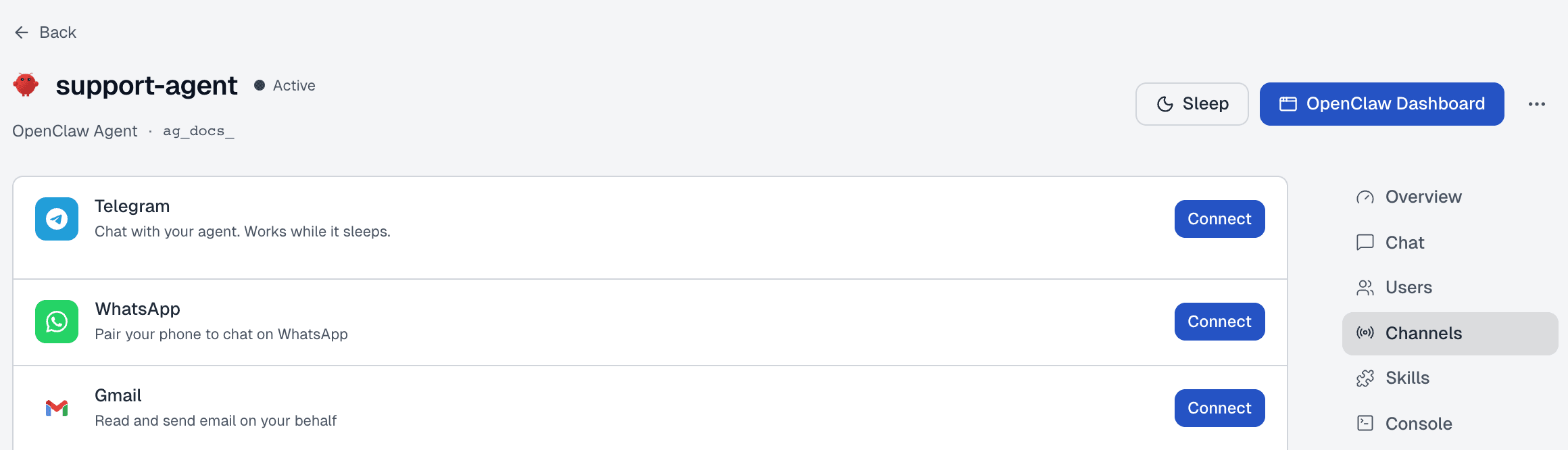 The agent's Channels tab showing Telegram, WhatsApp, and Gmail connections