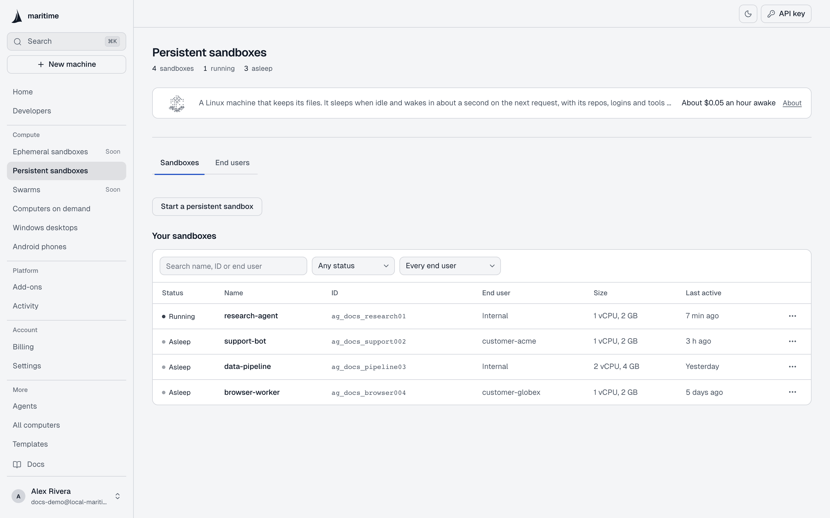 The Persistent sandboxes list in the Maritime dashboard