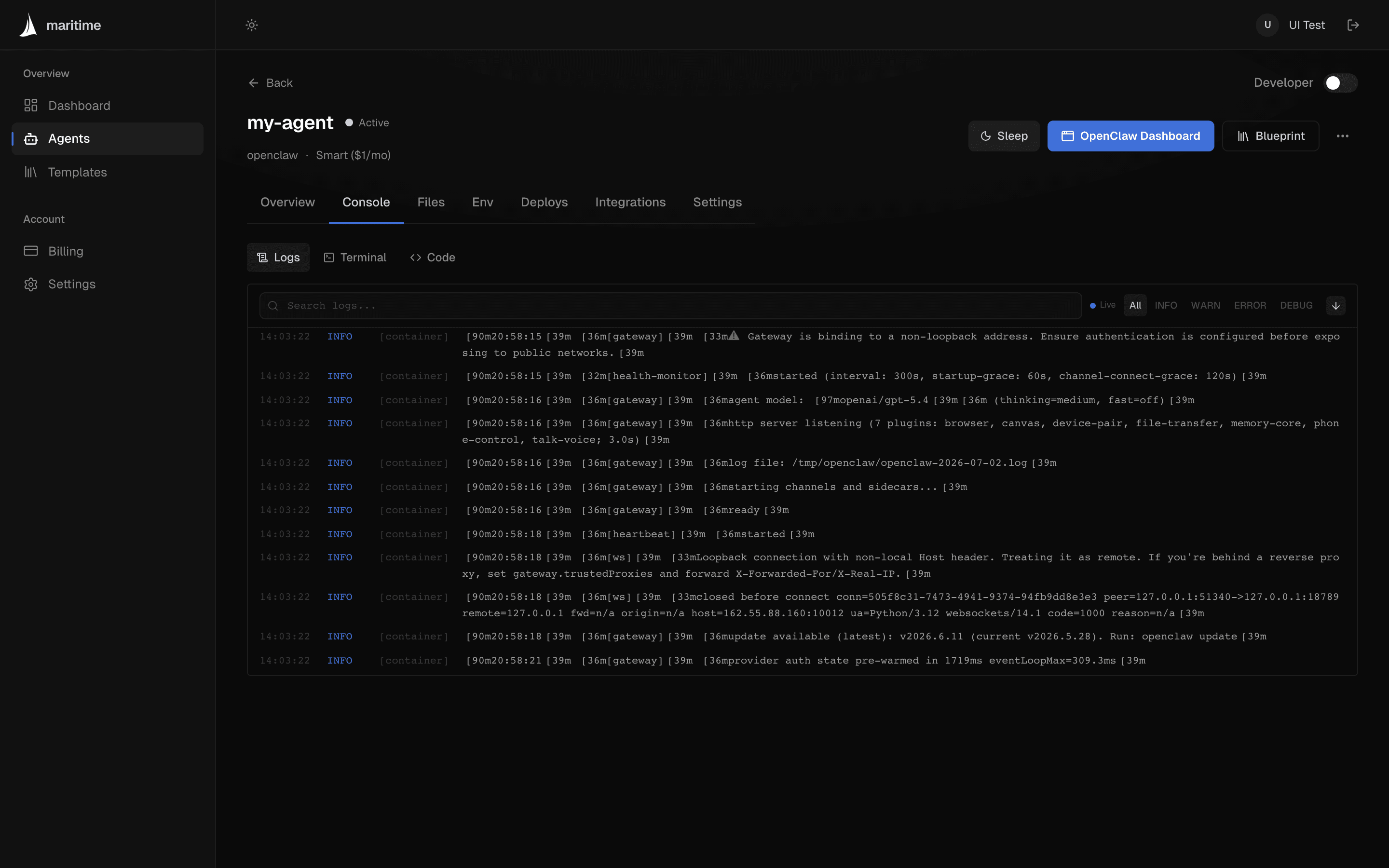Live container logs streaming for an agent in the dashboard