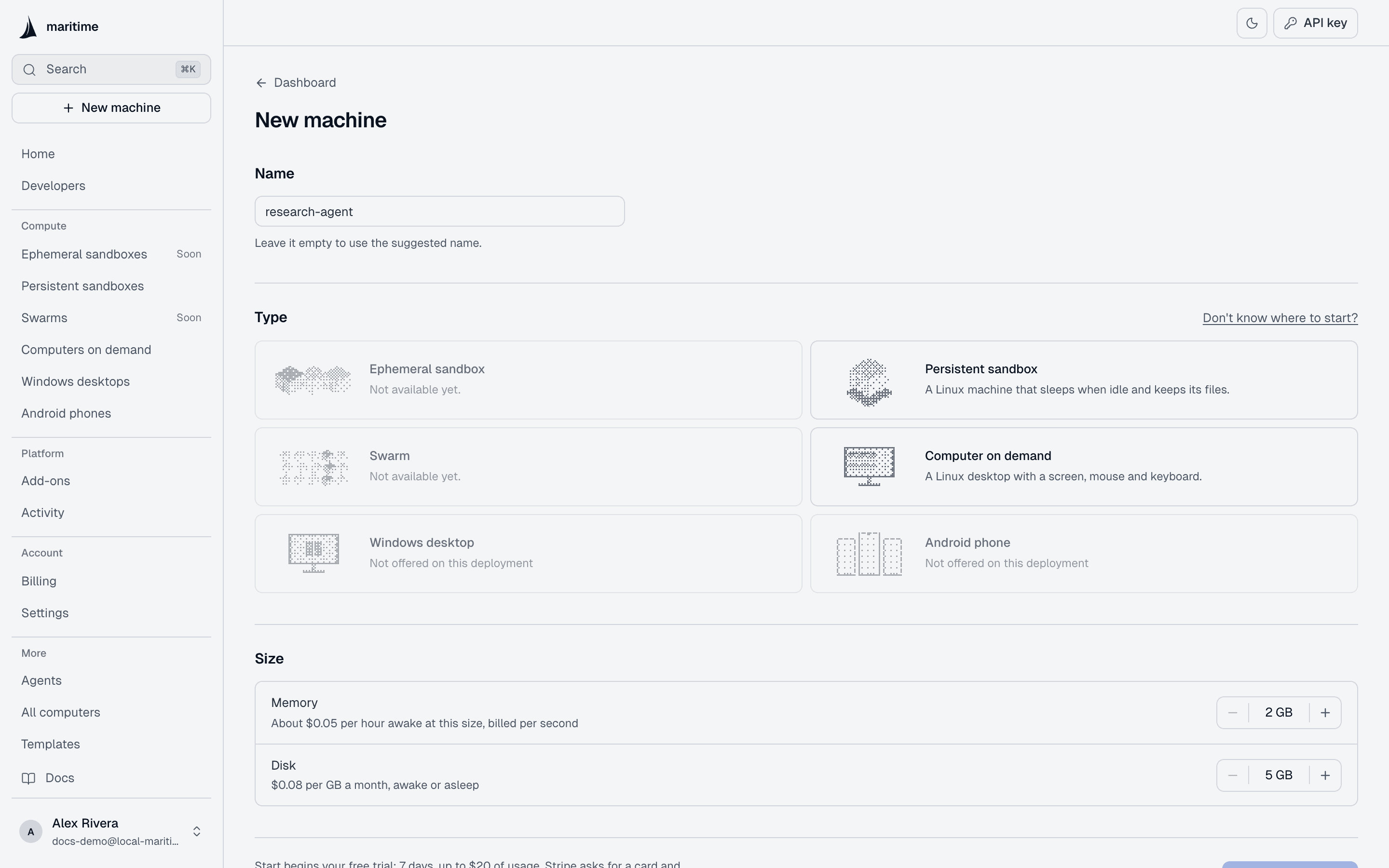 The New sandbox page in the Maritime dashboard with a name typed in and the machine types shown