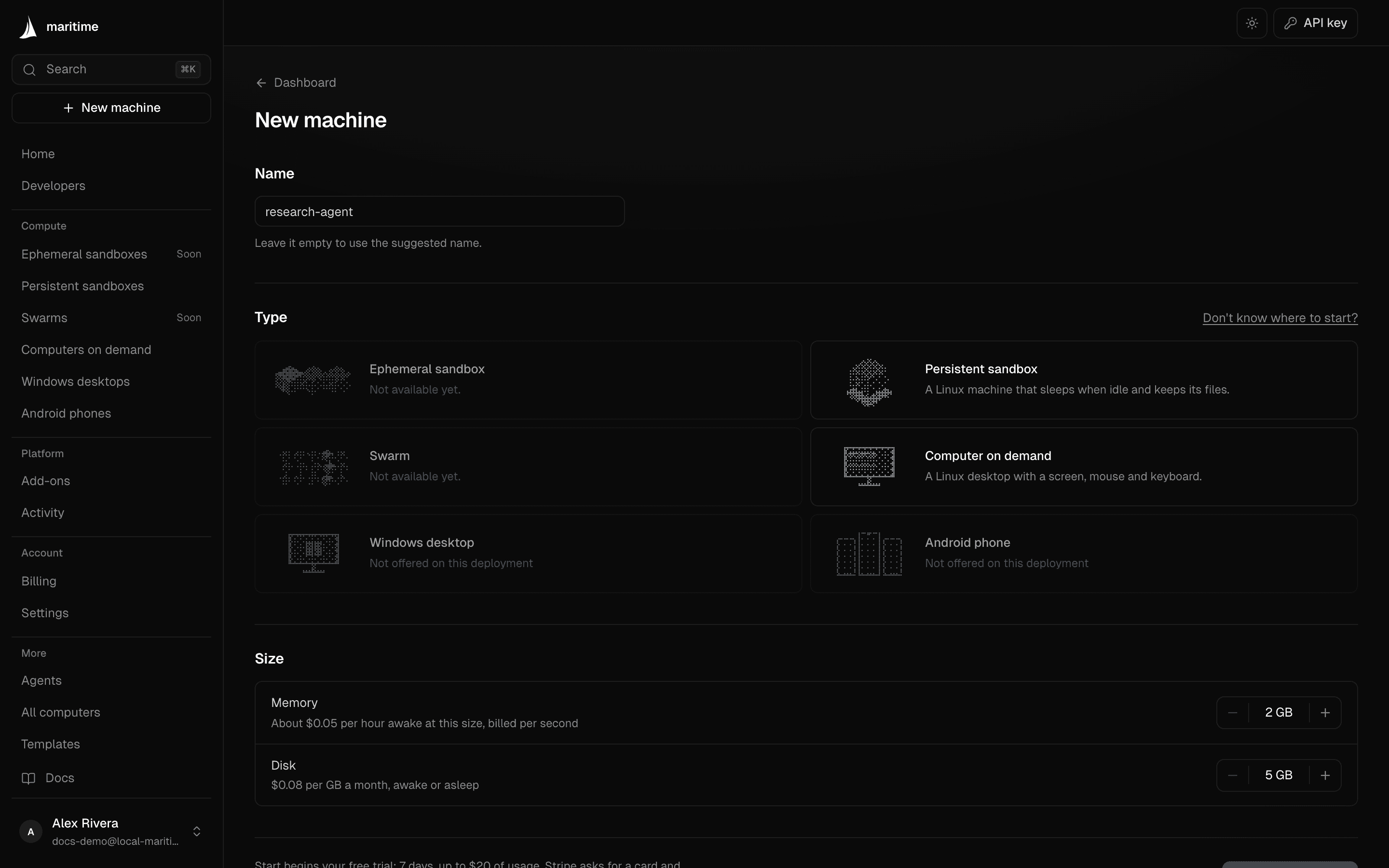The New sandbox page in the Maritime dashboard with a name typed in and the machine types shown