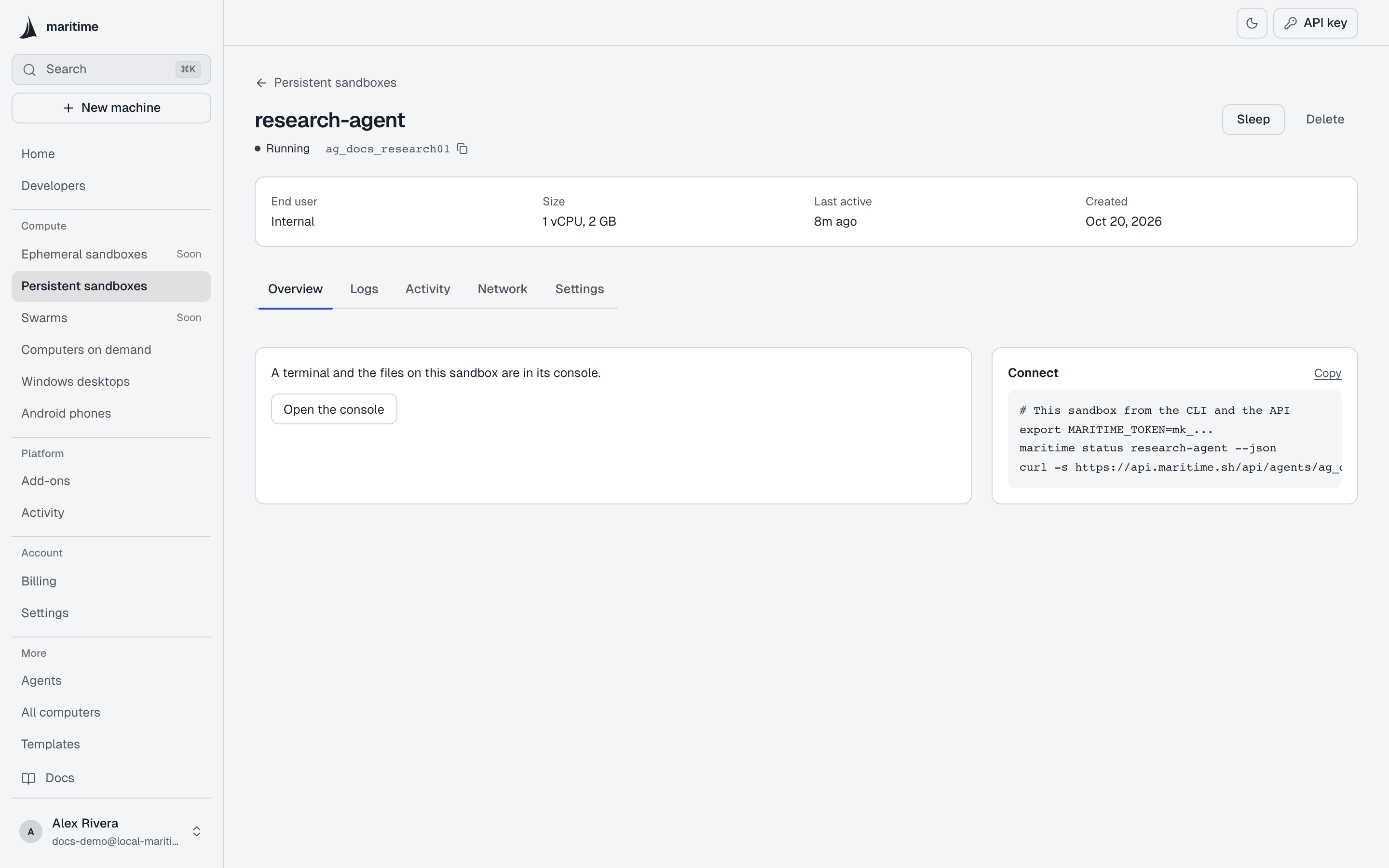 A machine's page in the Maritime dashboard with its details, tabs and console