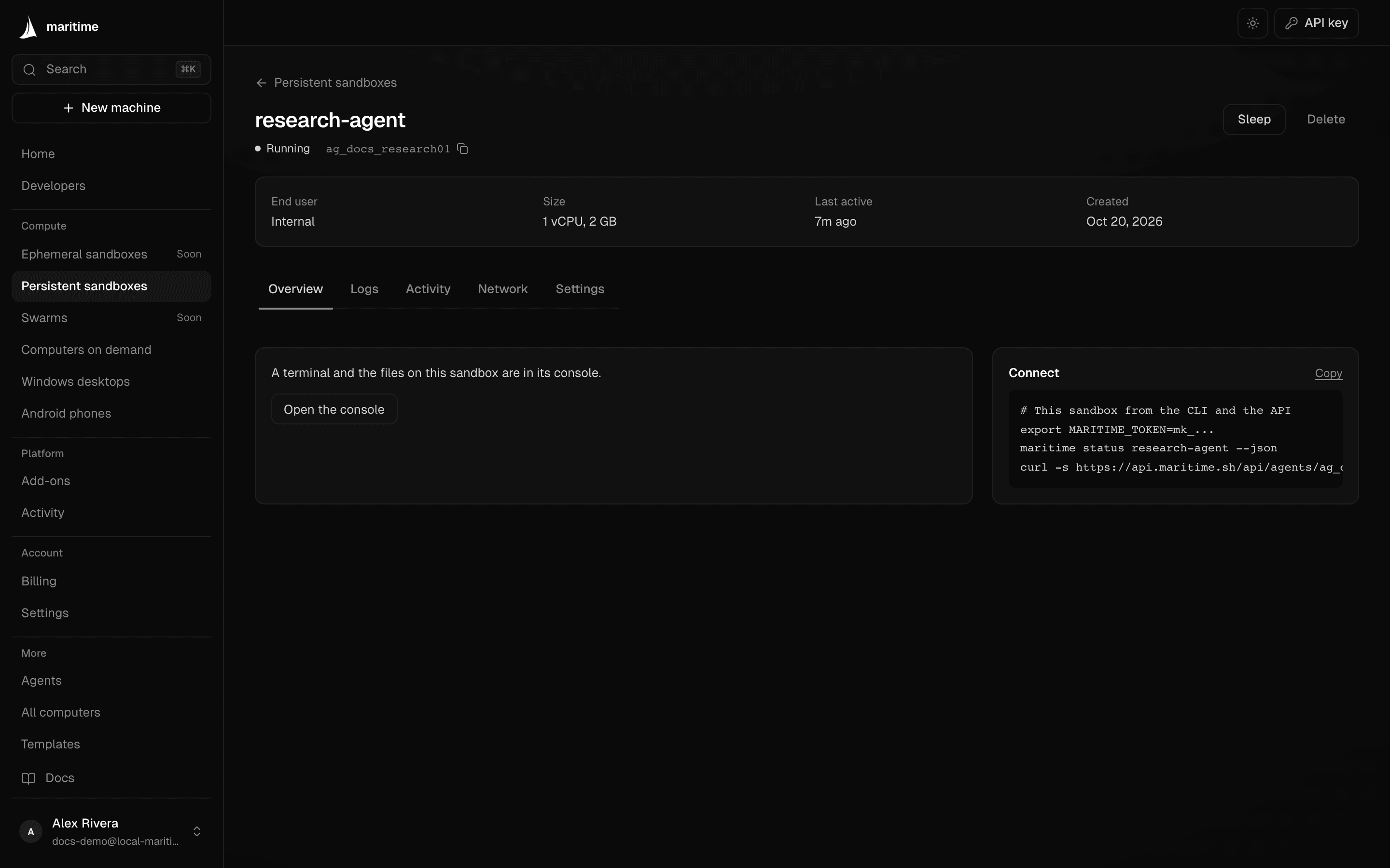 A machine's page in the Maritime dashboard with its details, tabs and console
