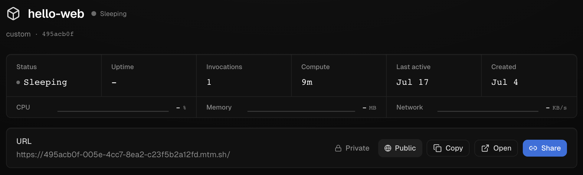 The URL panel on an agent's Overview: its mtm.sh address, Private or Public, and share links