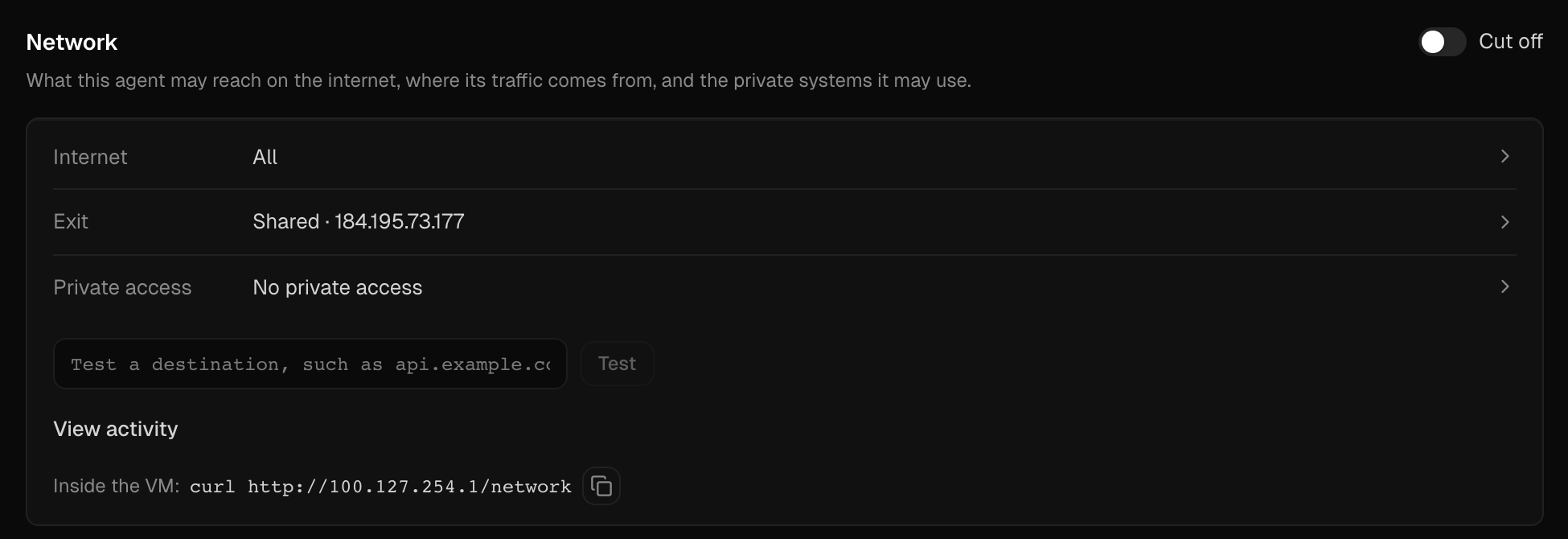 The Network card in an agent's settings: Internet, Exit and Private access, with a test box